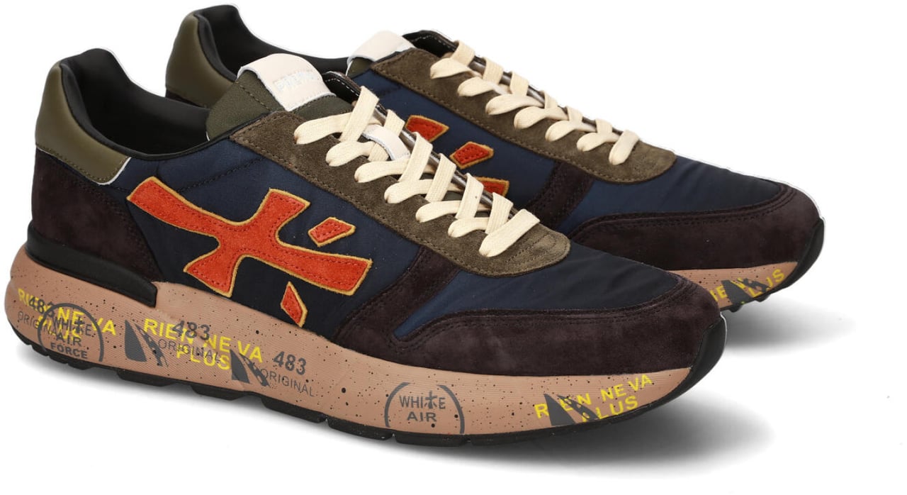 Premiata Sneakers Mick in pelle scamosciata marrone e tessuto tecnico blu Blauw