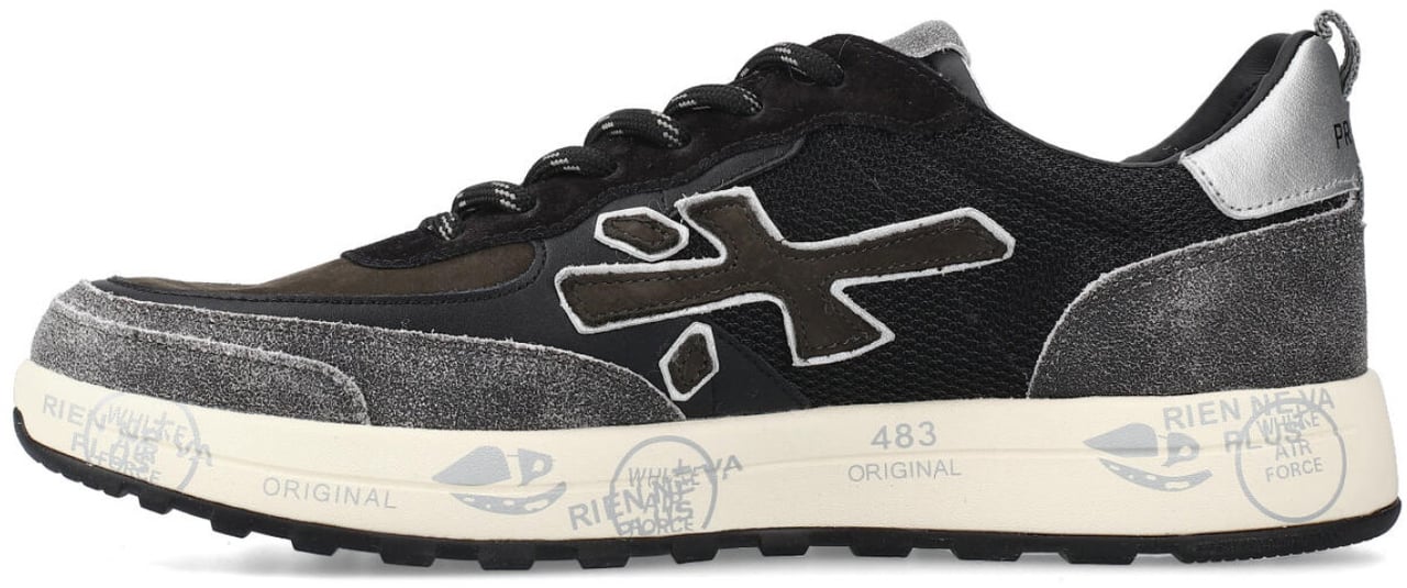 Premiata Sneakers Nous in pelle effetto craclé grigio, nabuk marrone e tessuto tecnico nero Zwart
