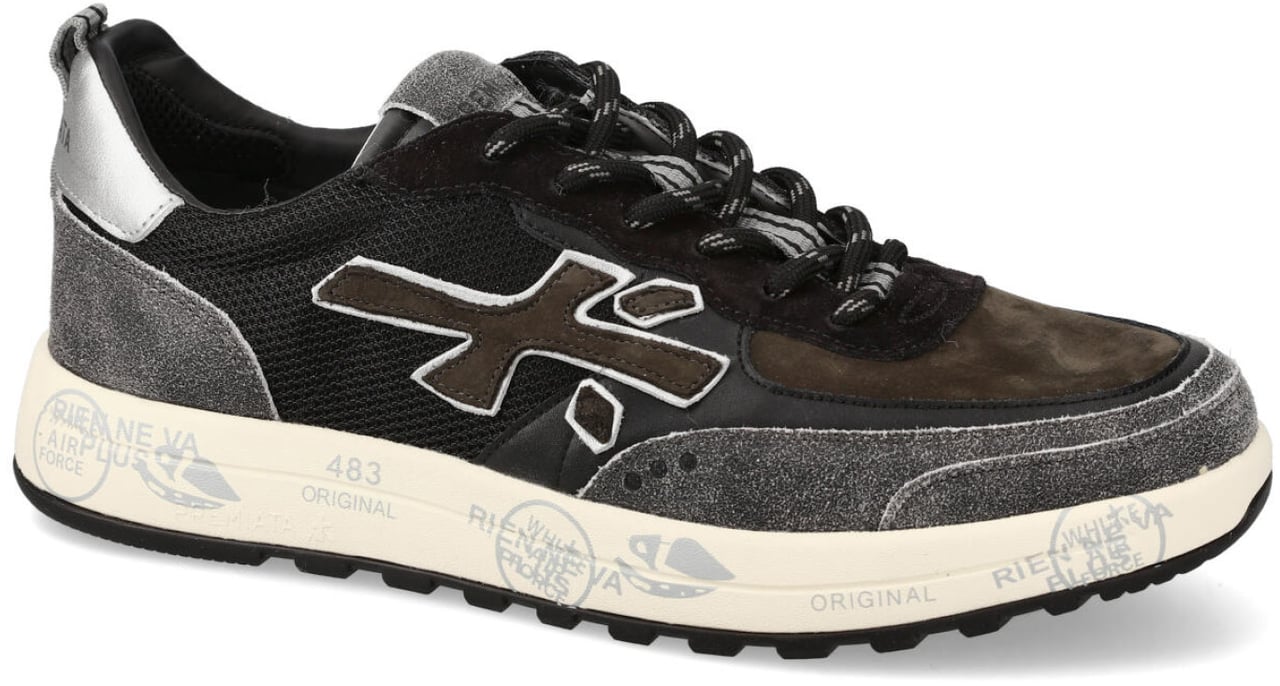 Premiata Sneakers Nous in pelle effetto craclé grigio, nabuk marrone e tessuto tecnico nero Zwart