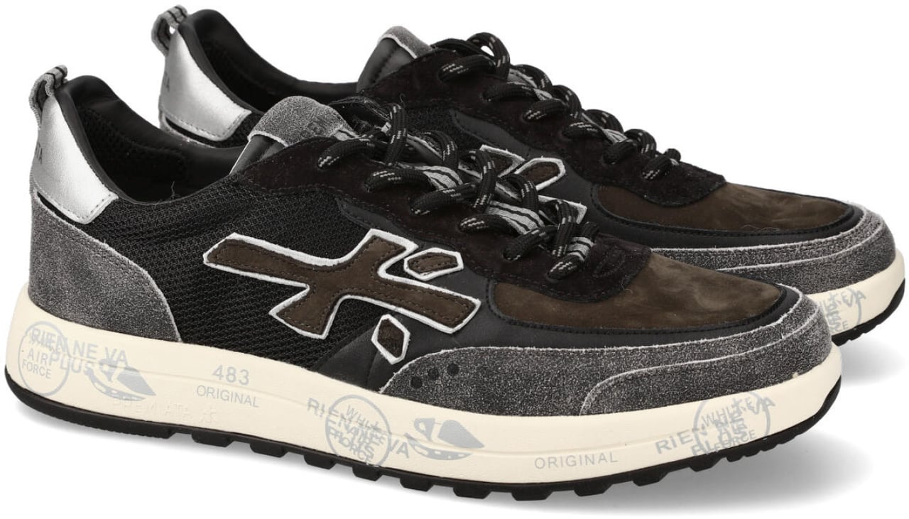 Premiata Sneakers Nous in pelle effetto craclé grigio, nabuk marrone e tessuto tecnico nero Zwart