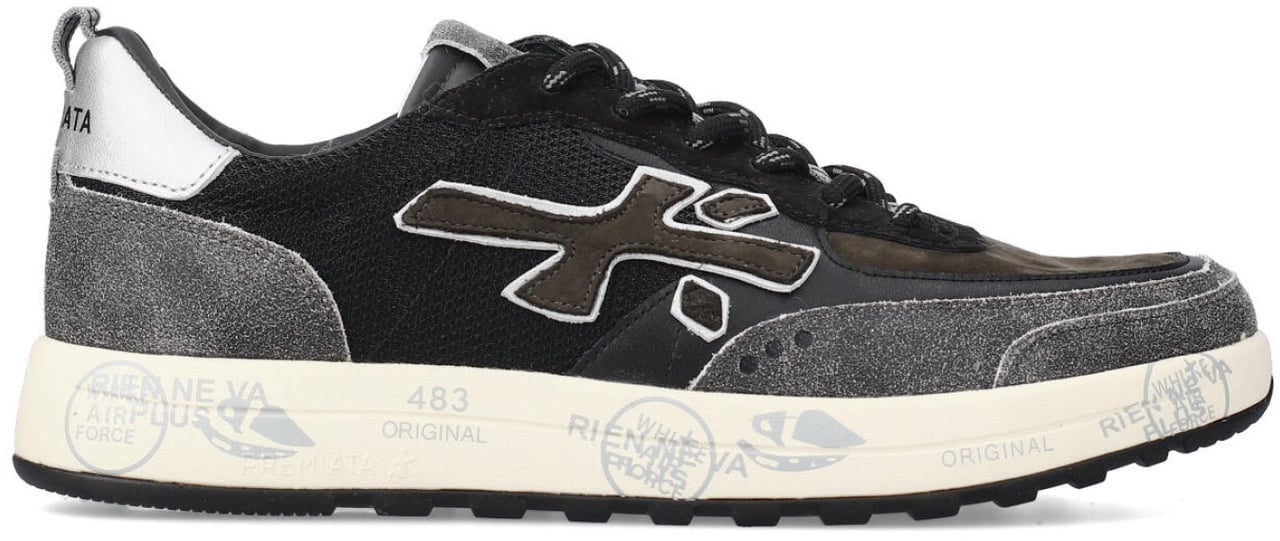 Premiata Sneakers Nous in pelle effetto craclé grigio, nabuk marrone e tessuto tecnico nero Zwart