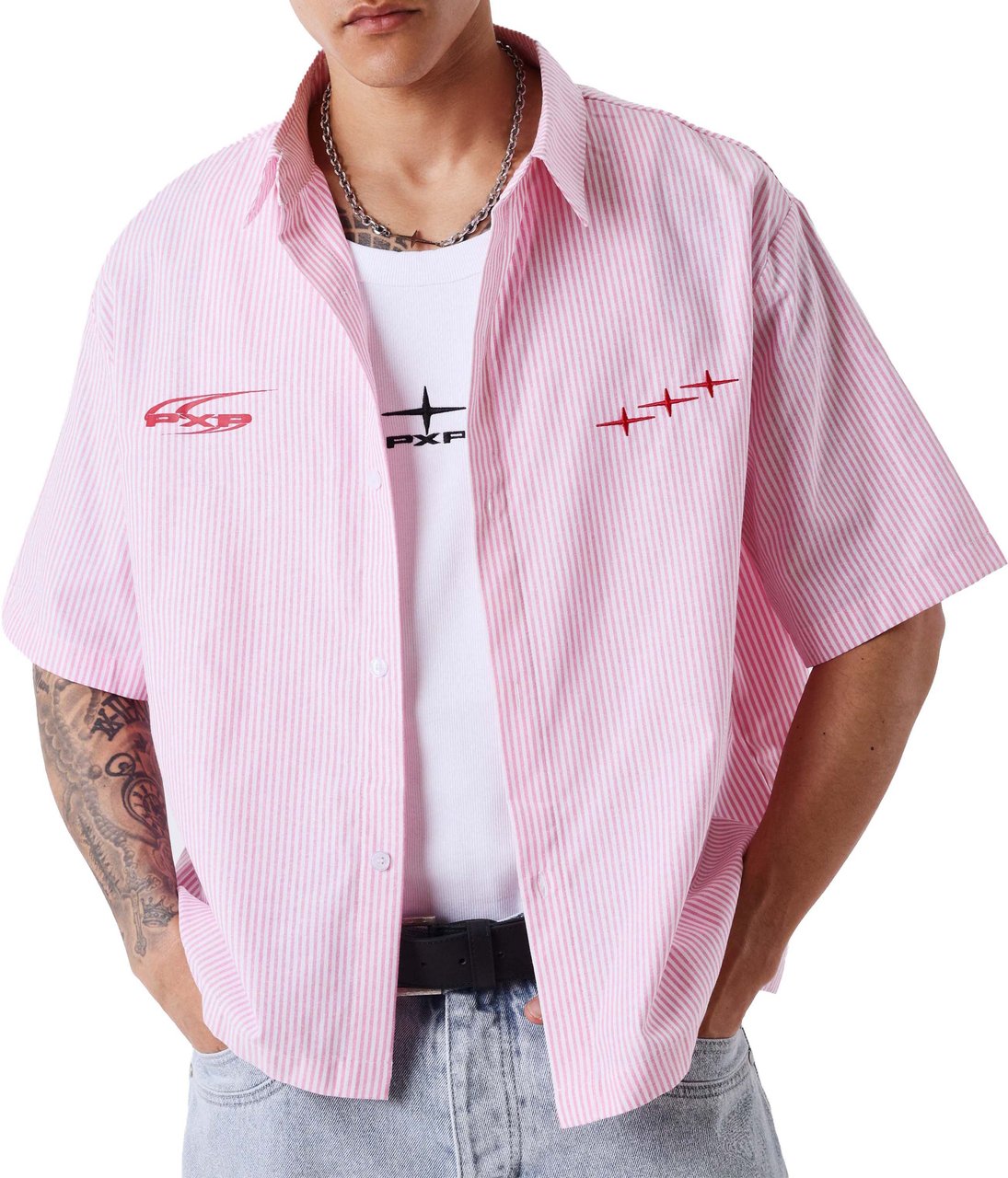 Project X Paris Pin-Stripe Cropped Loose Shirt Roze Roze