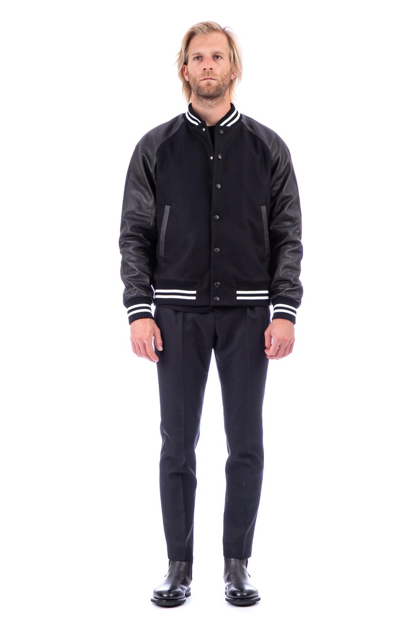 PT Torino Bimaterial Leather-Wool Jacket with Baseball Collar Zwart