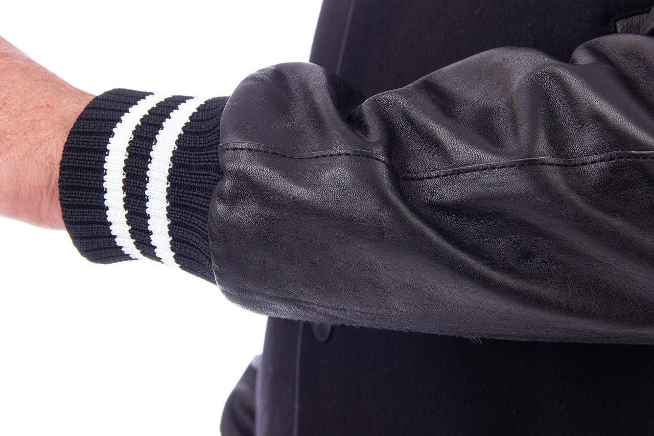 PT Torino Bimaterial Leather-Wool Jacket with Baseball Collar Zwart