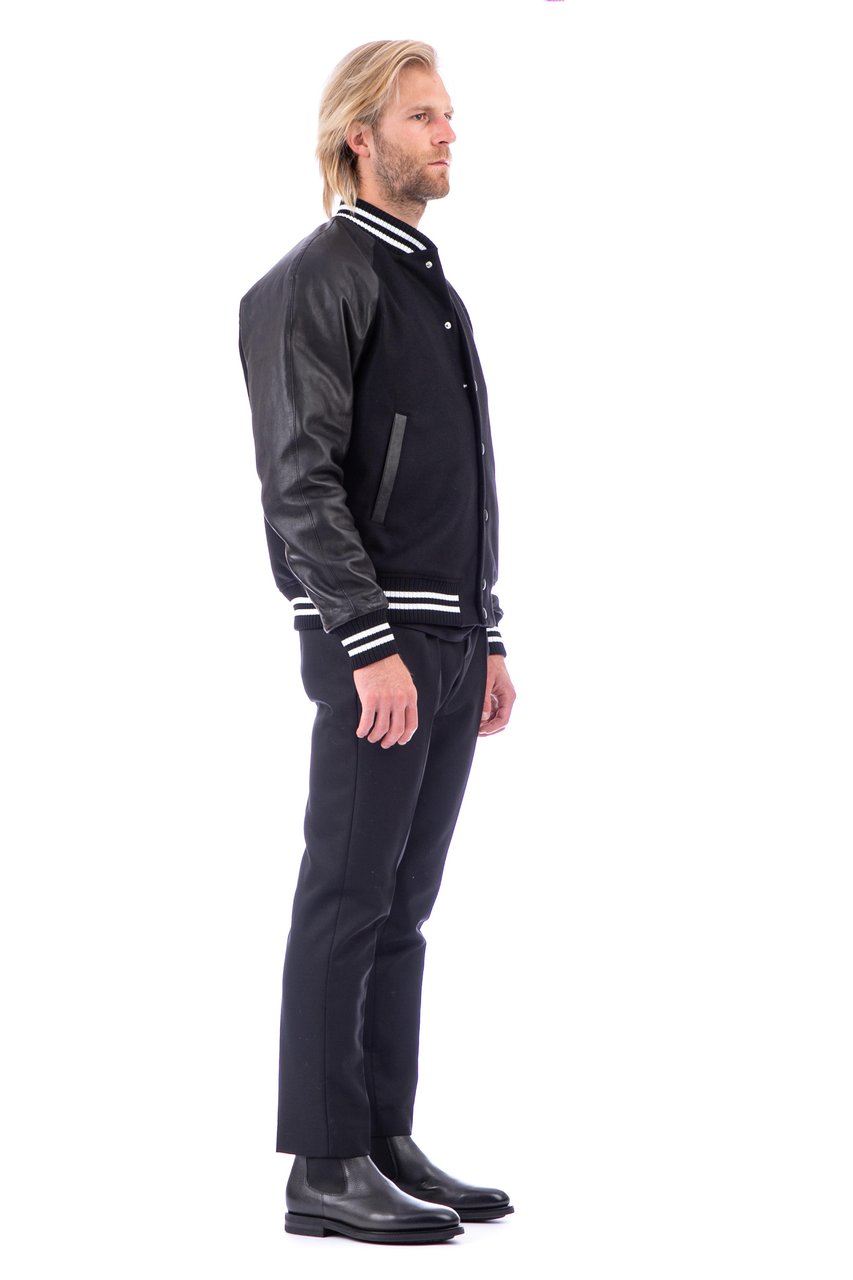 PT Torino Bimaterial Leather-Wool Jacket with Baseball Collar Zwart