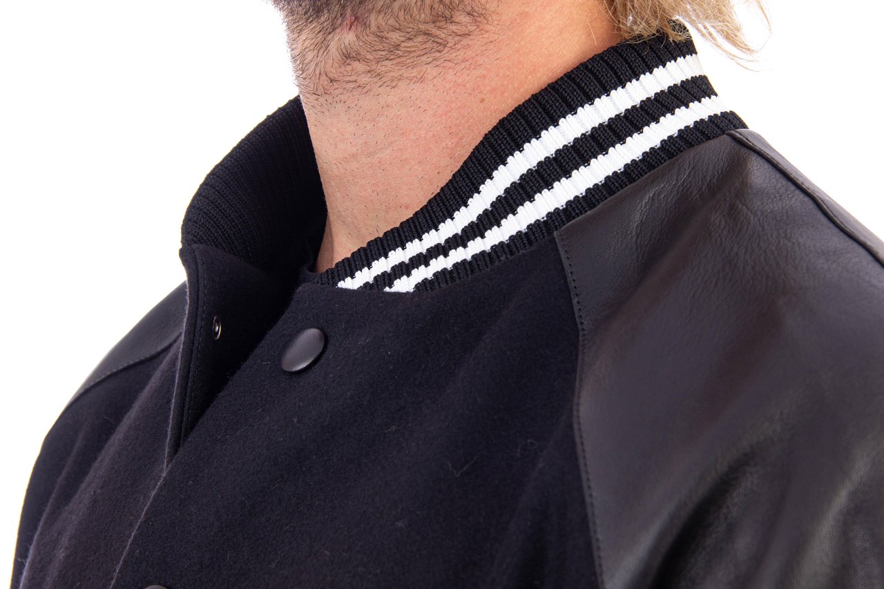 PT Torino Bimaterial Leather-Wool Jacket with Baseball Collar Zwart