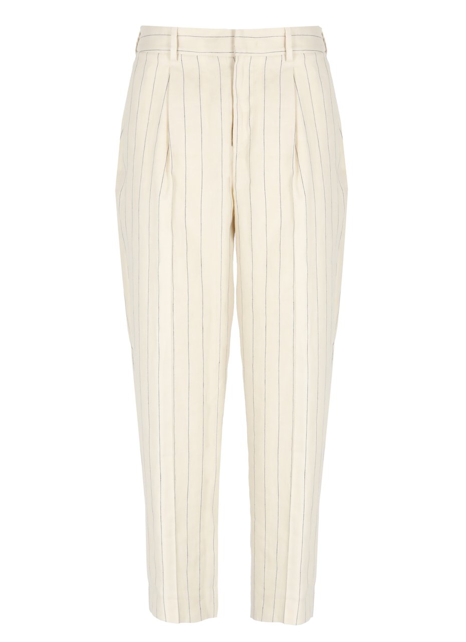 PT Torino Ivory Striped Linen-Cotton Pants Neutraal