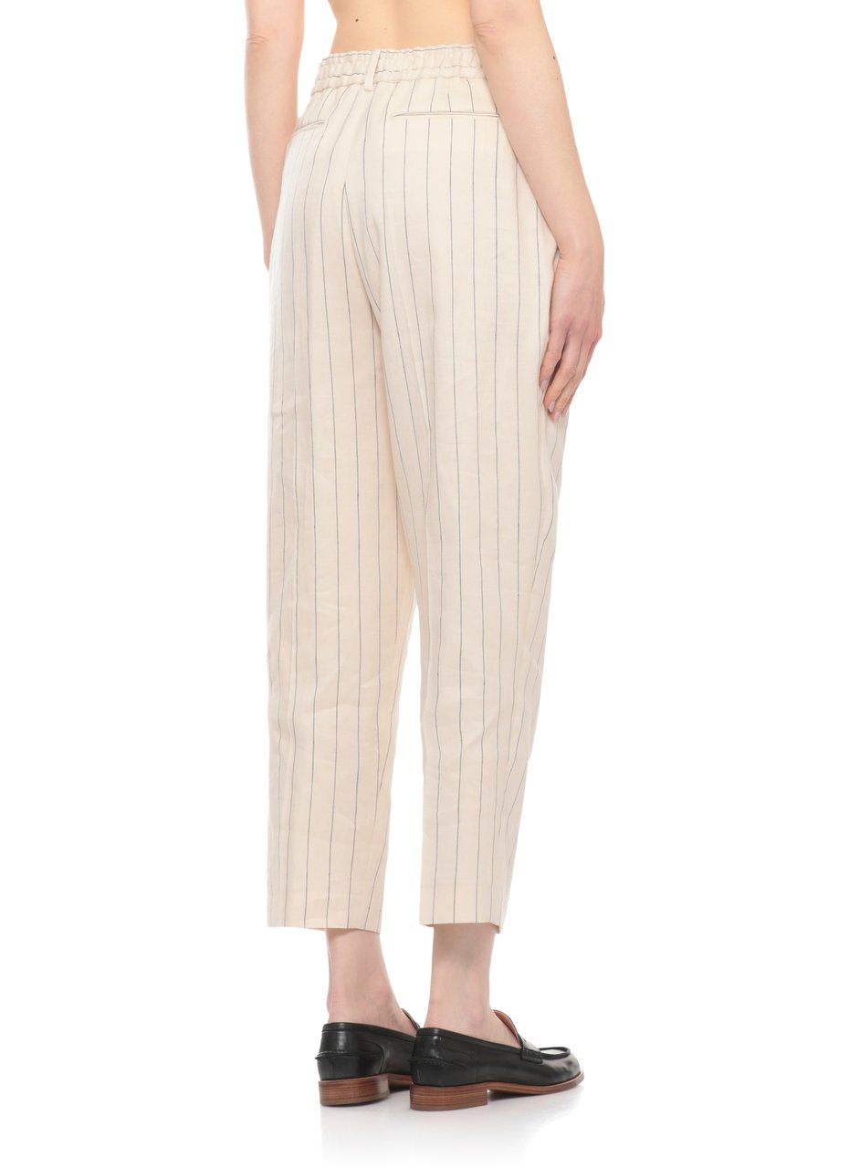 PT Torino Ivory Striped Linen-Cotton Pants Neutraal