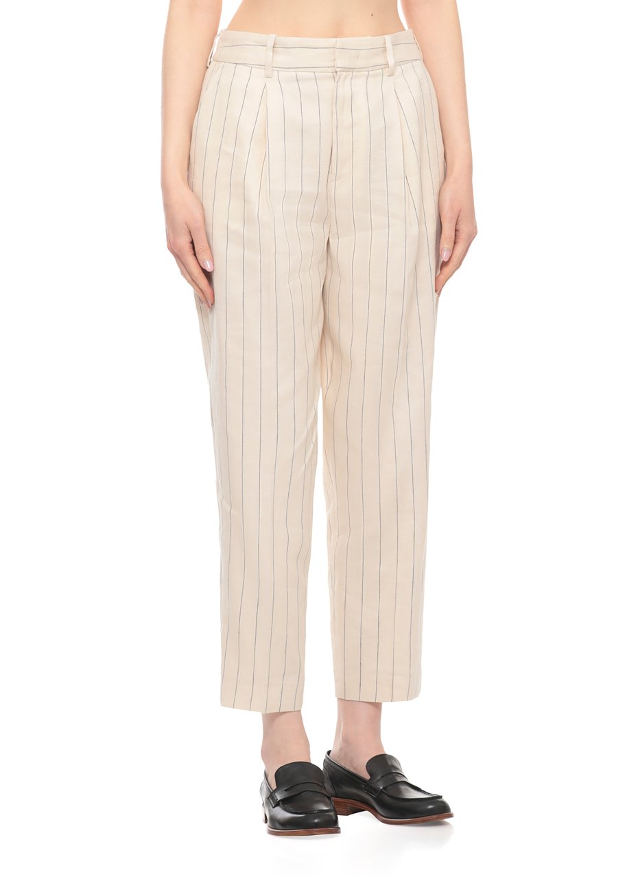 PT Torino Ivory Striped Linen-Cotton Pants Neutraal