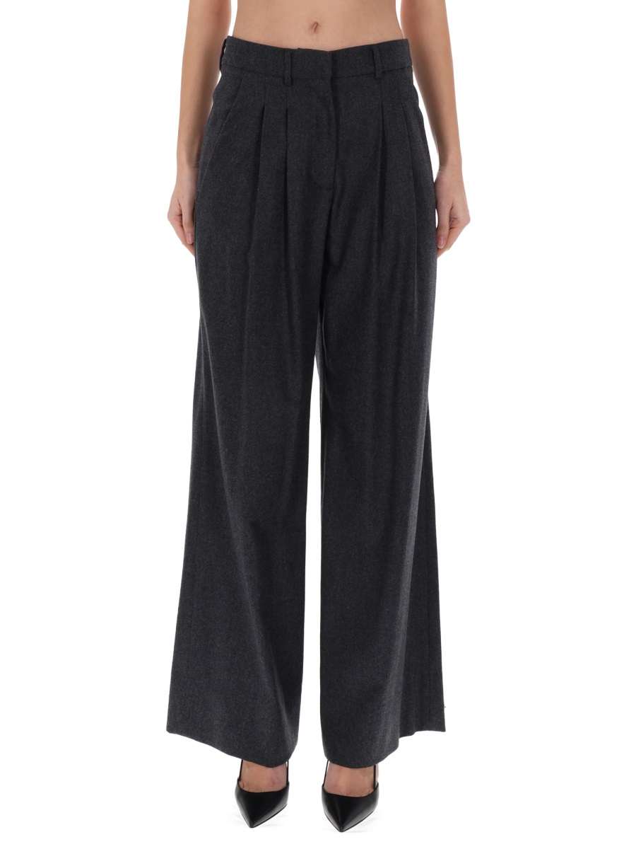PT Torino Grey Virgin Wool-Blend Wide-Leg Pants Zwart