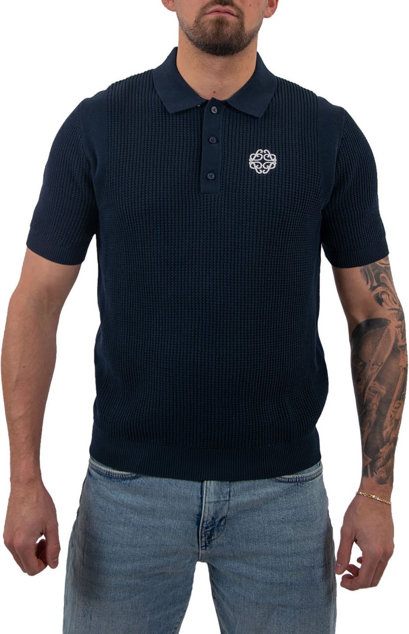 Pure Path Openwork Knitted Polo Blauw