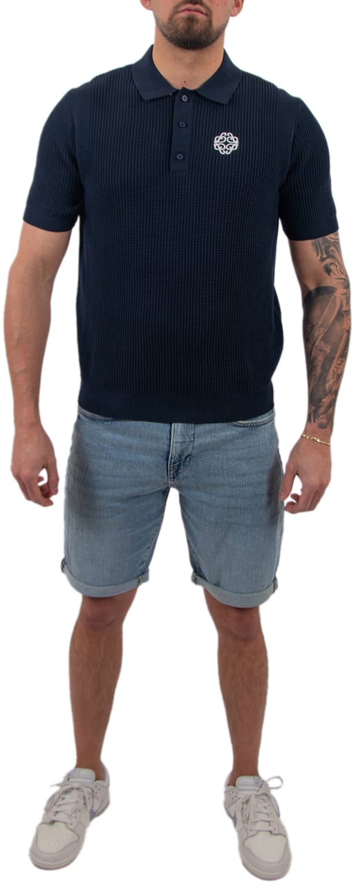 Pure Path Openwork Knitted Polo Blauw