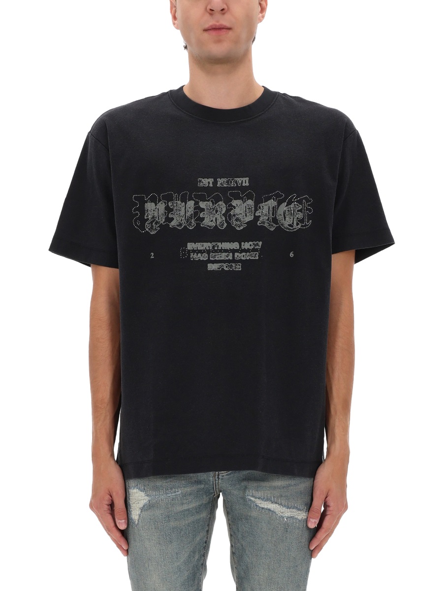 Purple Brand Black Short-Sleeve Distressed Logo T-Shirt Zwart