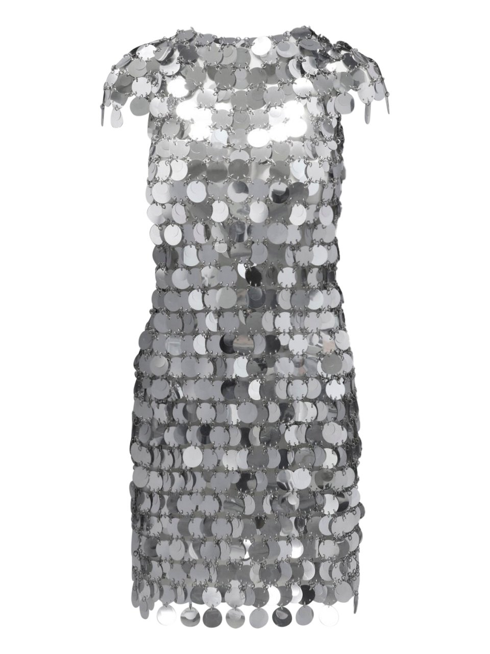 Rabanne Mini Dress with All-Over Silver Sequins and Round Neckline Zilver