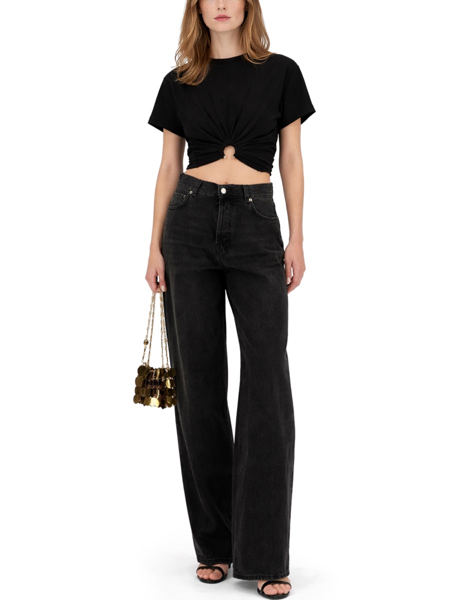 Rabanne Cropped Slim Fit Ruched T-Shirt Zwart