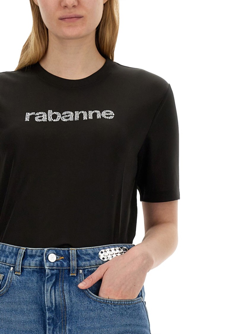 Rabanne Regular Fit T-Shirt With Sparkling Logo Design Zwart