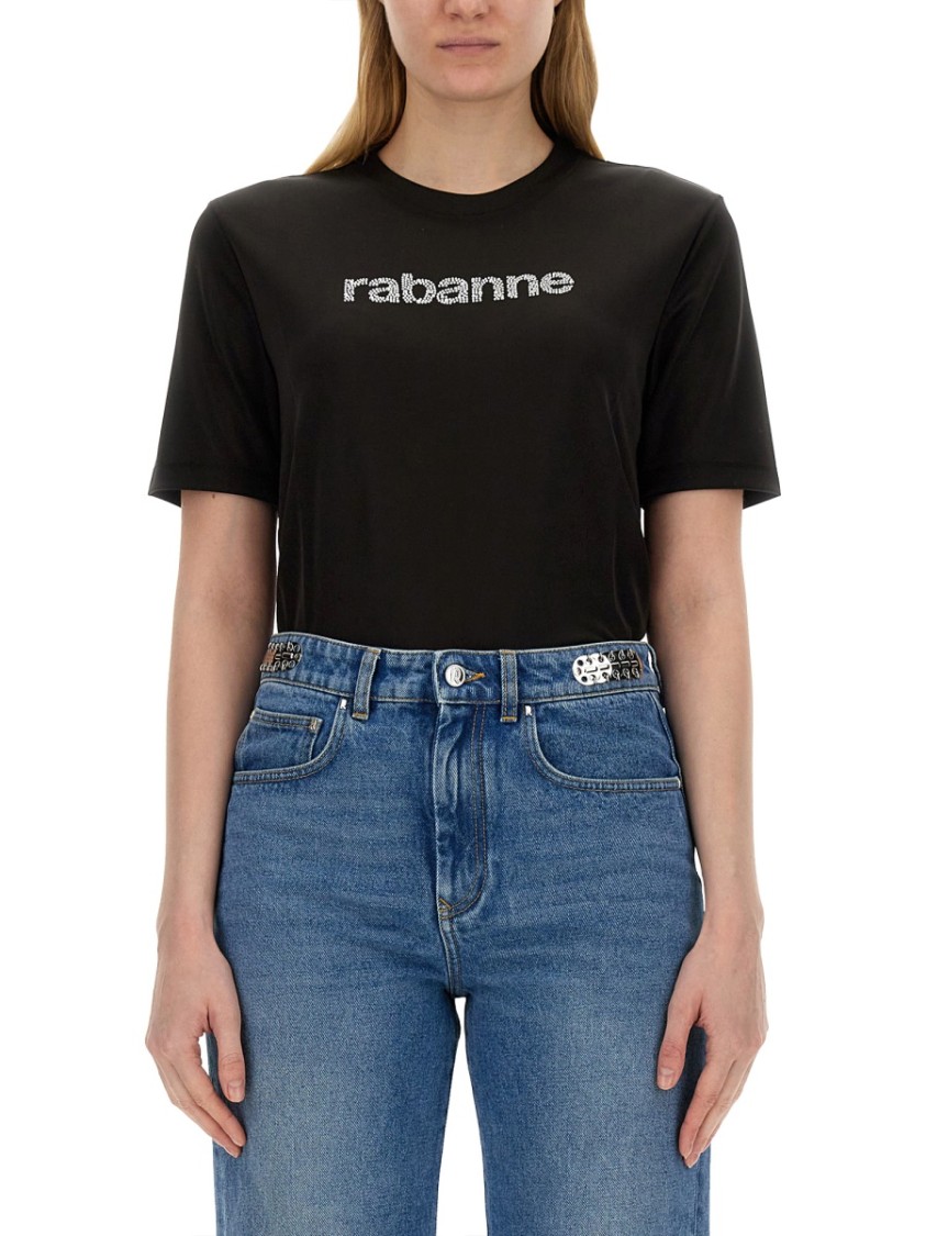Rabanne Regular Fit T-Shirt With Sparkling Logo Design Zwart
