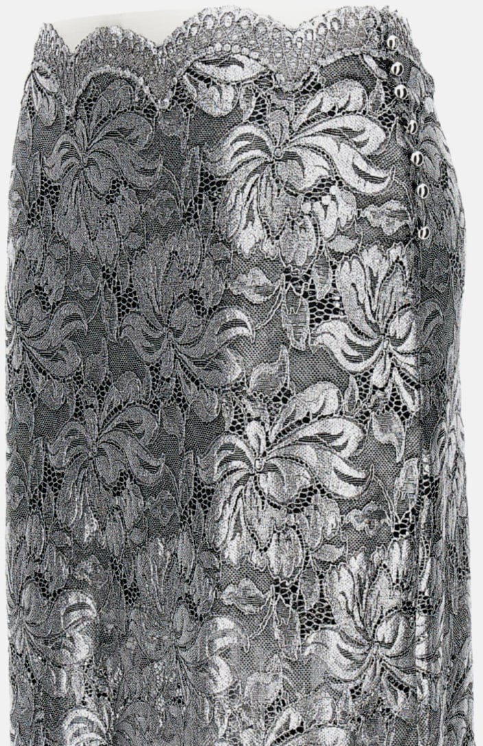 Rabanne Intricate Silver Lacquered Lace Maxi Skirt Zilver