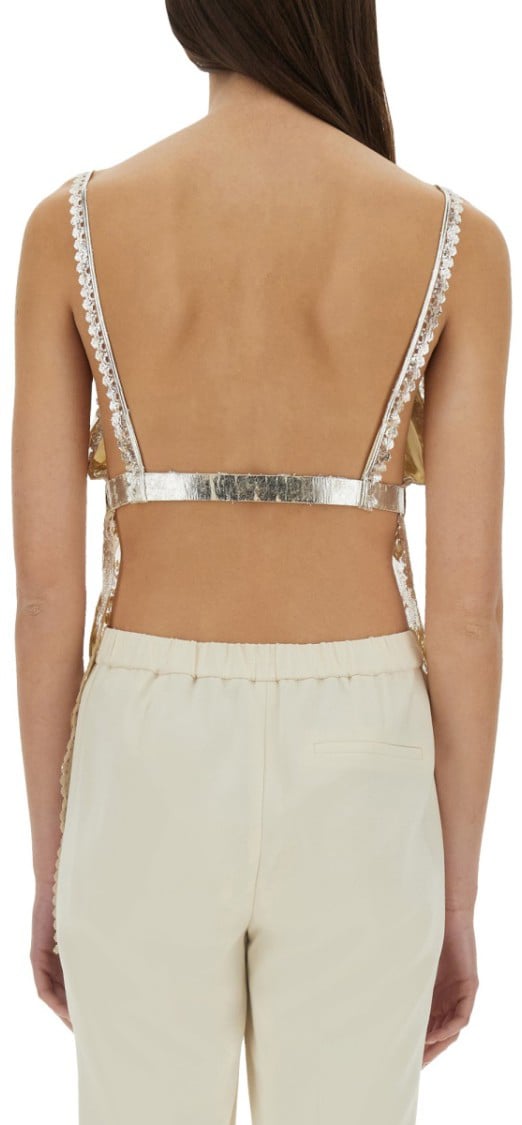 Rabanne Laminated Pleated Satin Top With Lace Detail Neutraal