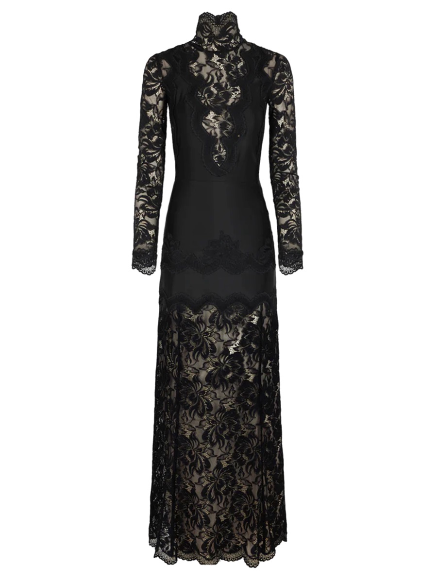 Rabanne Lace Polyamide Sheer Sleeve Maxi Dress Zwart