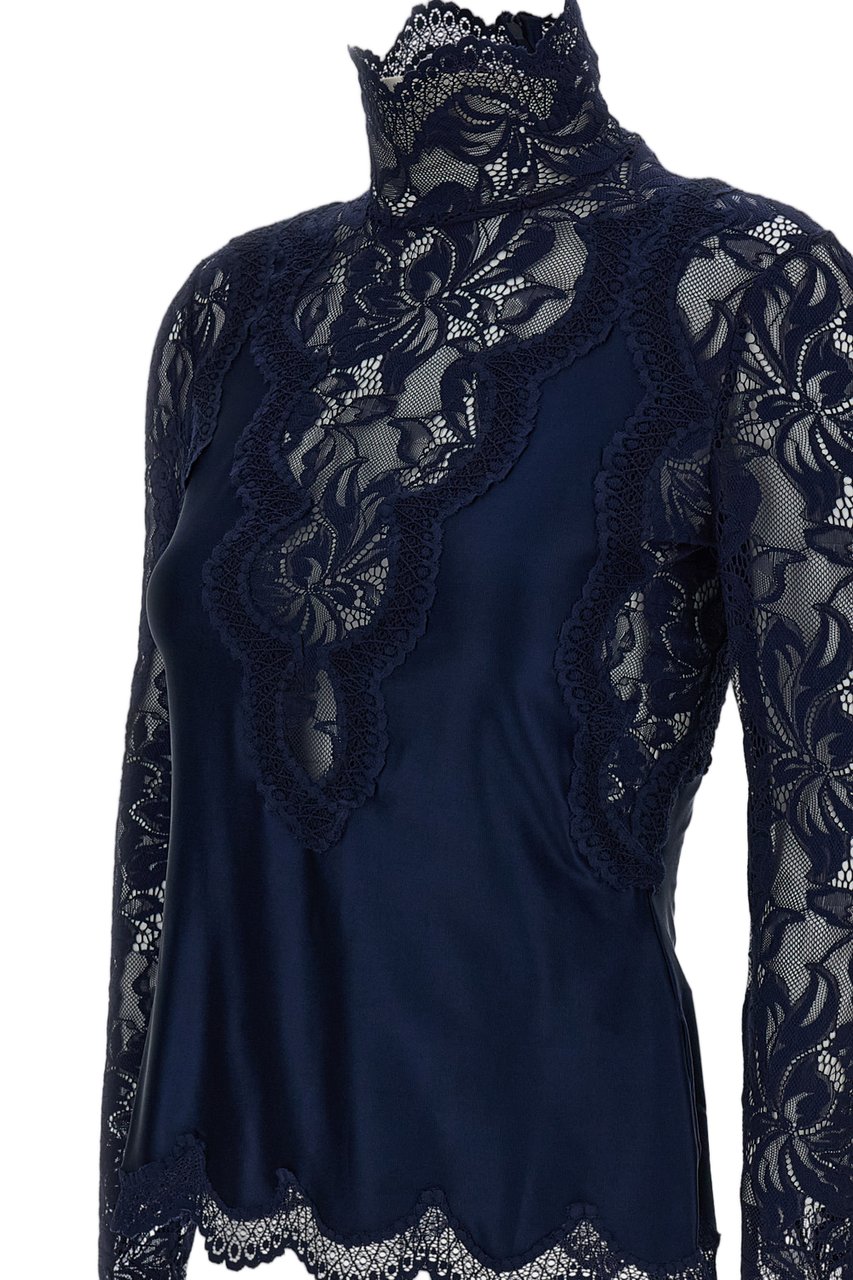 Rabanne Blue Stand Collar Scalloped Lace Top Blauw
