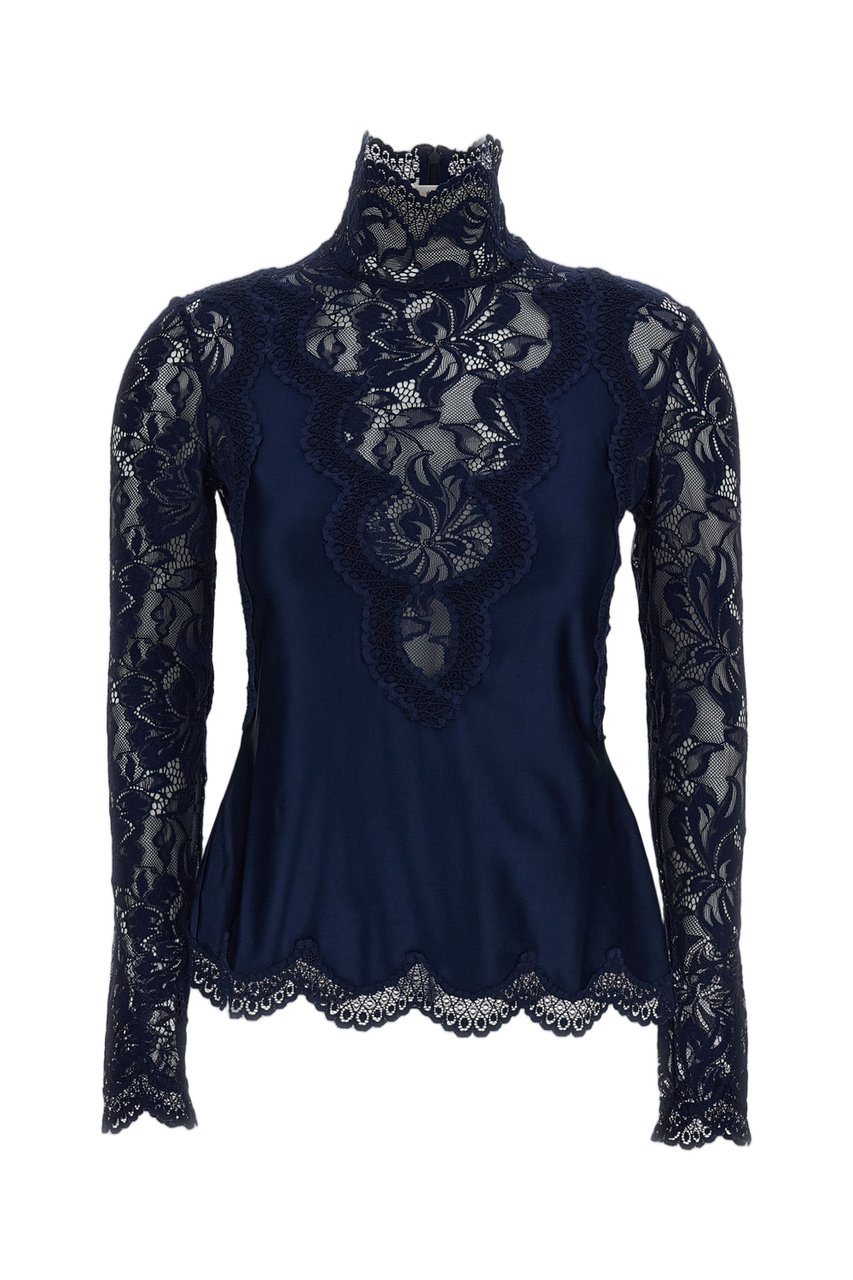 Rabanne Blue Stand Collar Scalloped Lace Top Blauw