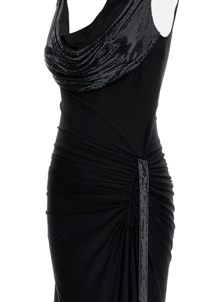 Rabanne Fluid Jersey Maxi Dress with Cowl Neckline and Sequin Detail Zwart