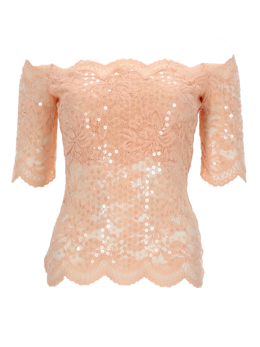 Rabanne Off-The-Shoulder Sequined Lace Top Neutraal