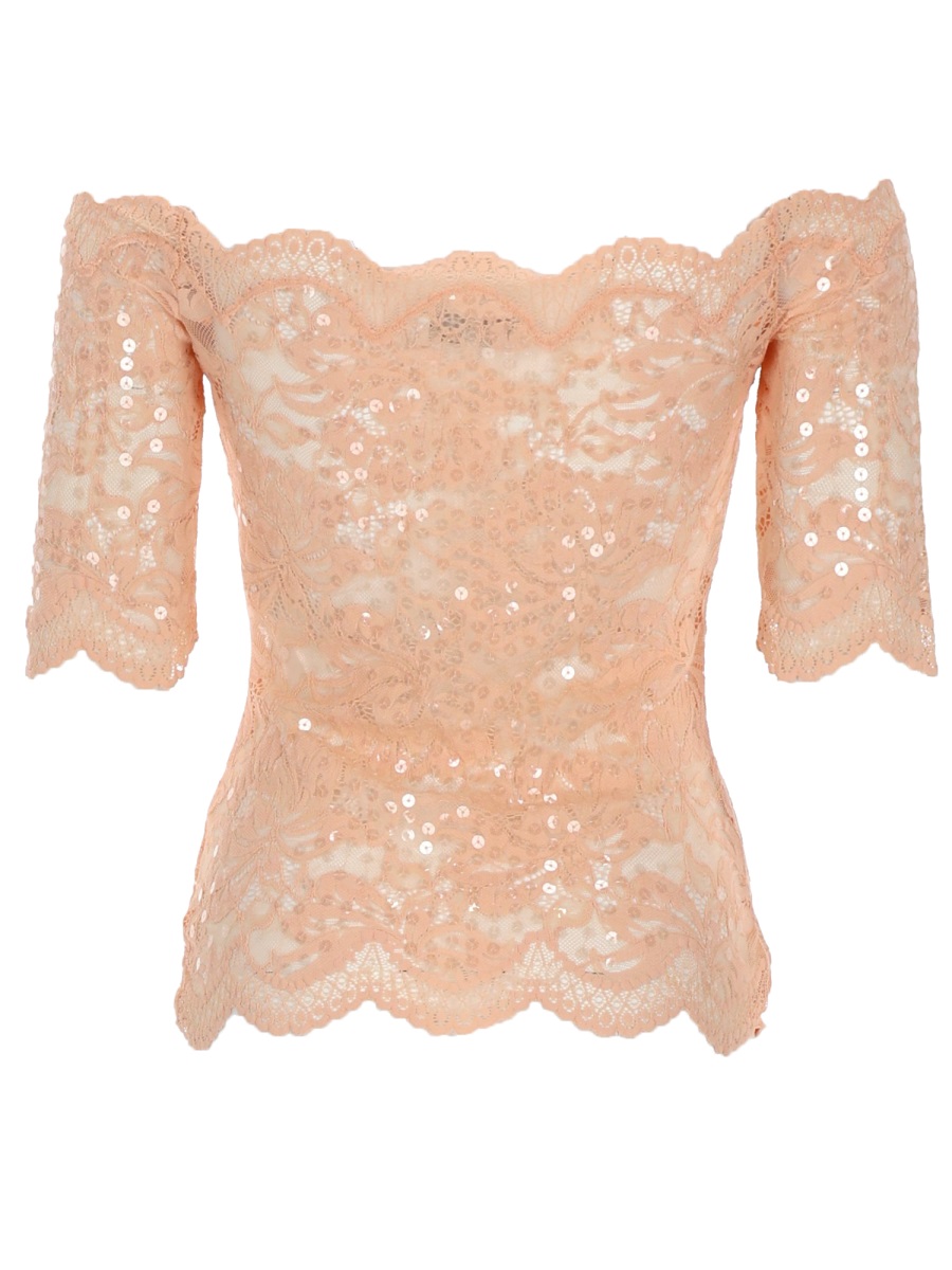 Rabanne Off-The-Shoulder Sequined Lace Top Neutraal