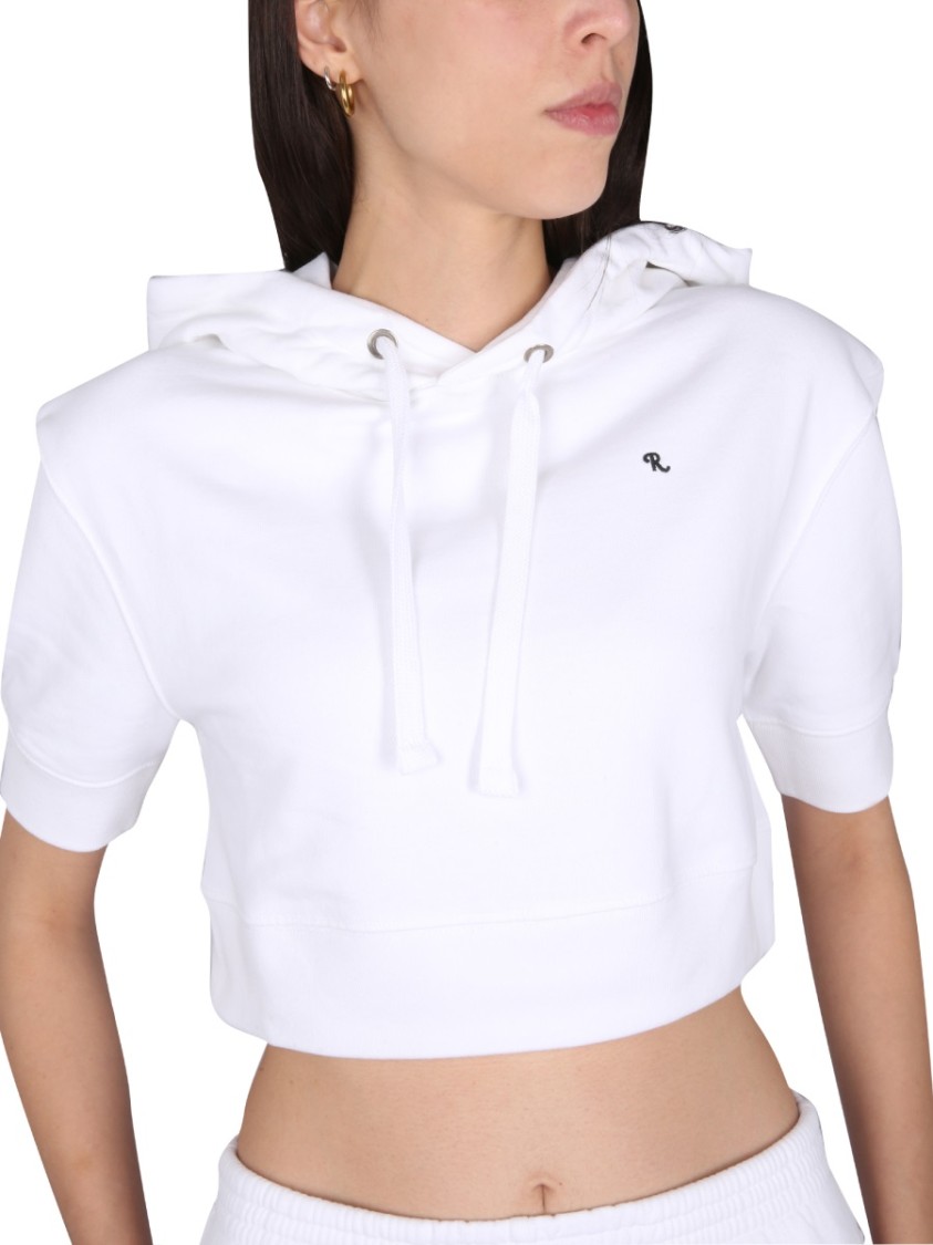 Raf Simons Cropped White Sweatshirt With Drawstring Hood Wit