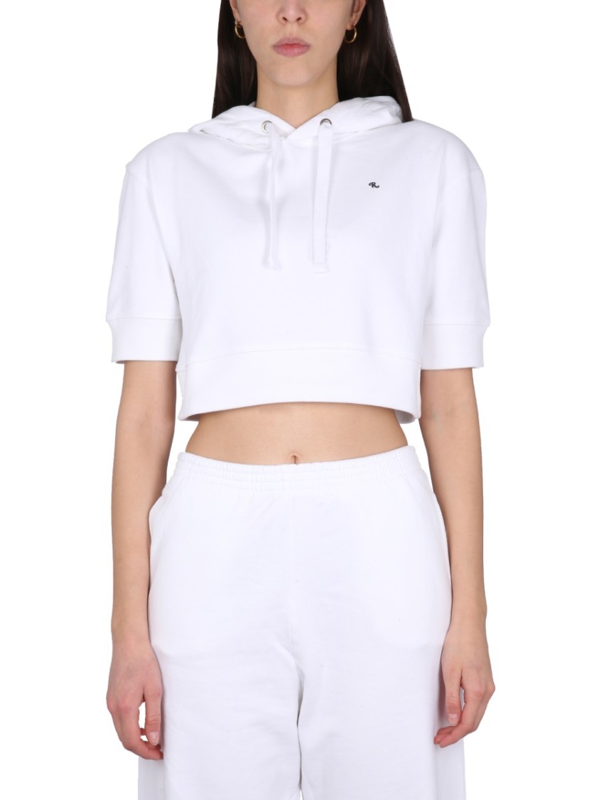 Raf Simons Cropped White Sweatshirt With Drawstring Hood Wit
