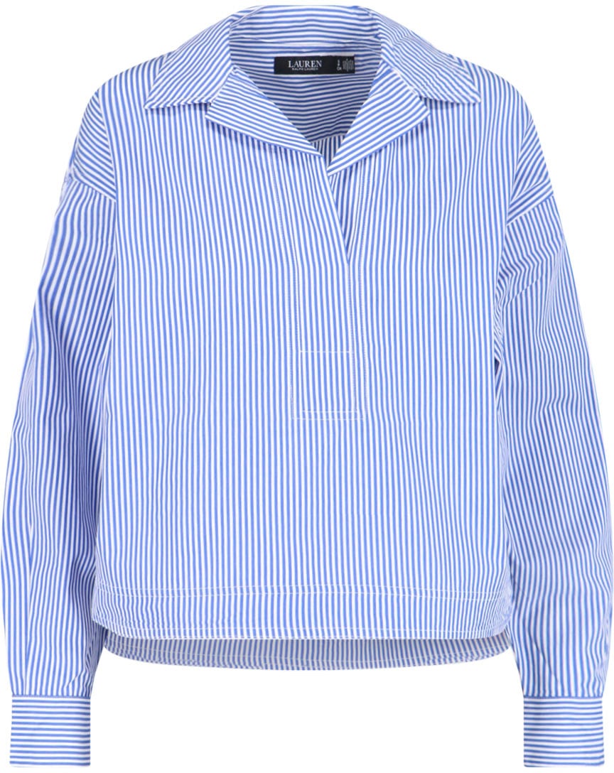 Ralph Lauren Asymmetric Collar Blue Stripe Cotton Shirt Blauw
