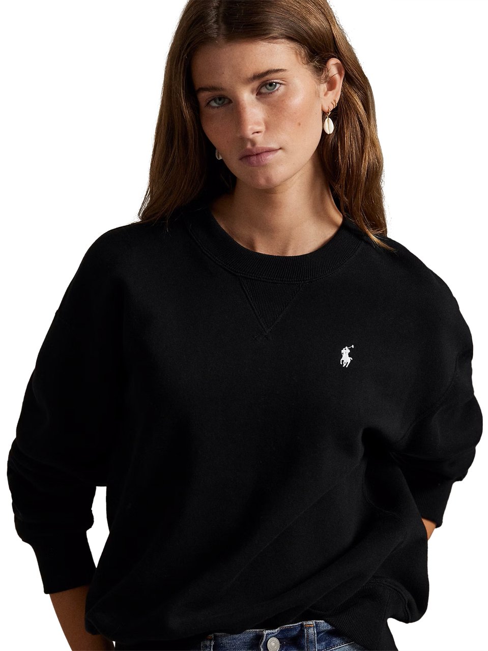 Ralph Lauren Relaxed Fit Black Crewneck Sweater with Subtle Logo Zwart
