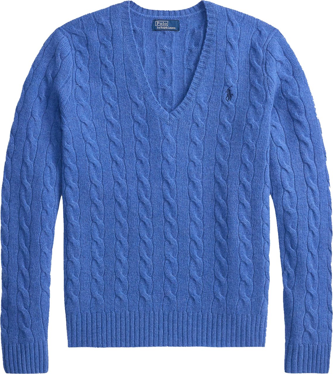 Ralph Lauren Cable Knit Blue Pullover with V-Neckline and Ribbed Details Blauw