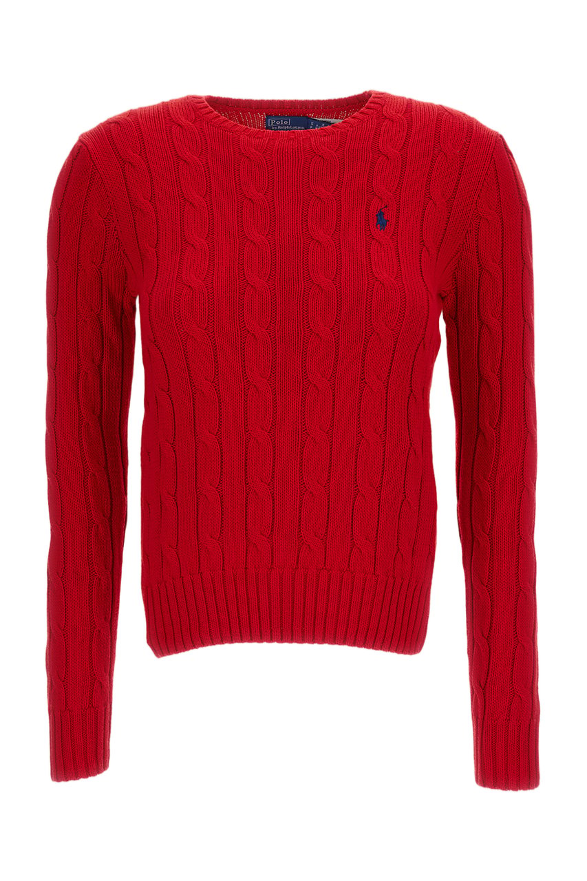 Ralph Lauren Ribbed Cable Knit Crew Neck Sweater with Embroidered Pony Detail Rood