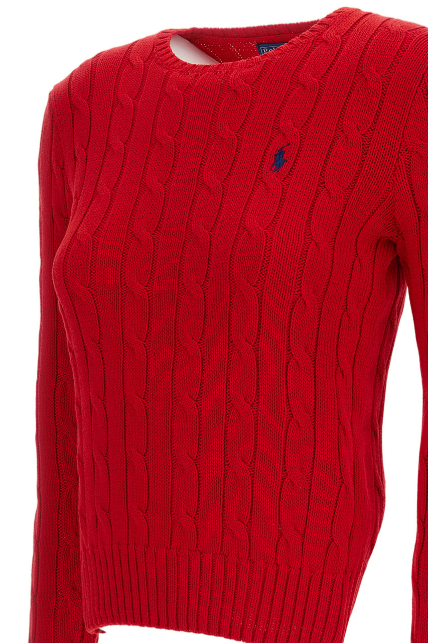 Ralph Lauren Ribbed Cable Knit Crew Neck Sweater with Embroidered Pony Detail Rood
