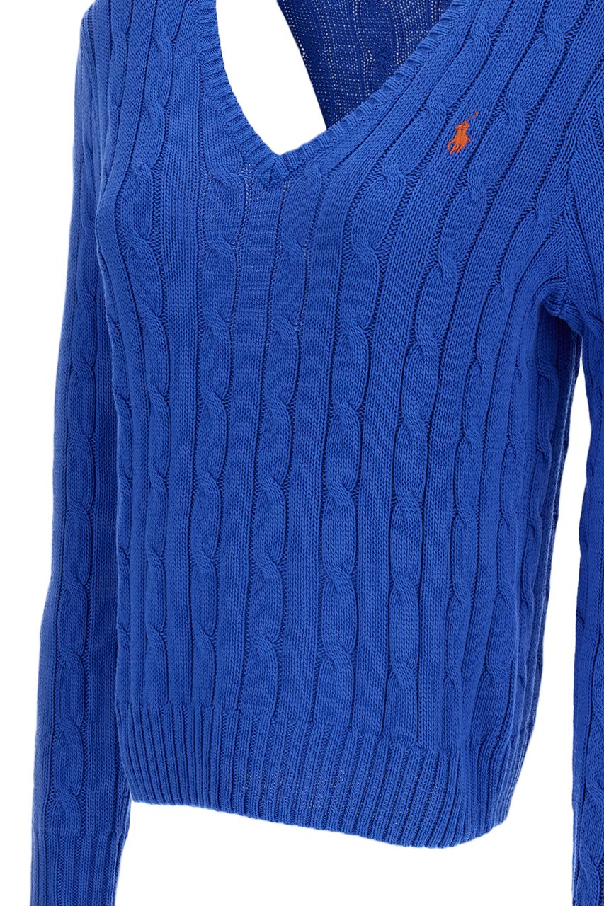 Ralph Lauren V-Neck Cable Knit Sweater with Ribbed Cuffs and Signature Embroidery Blauw