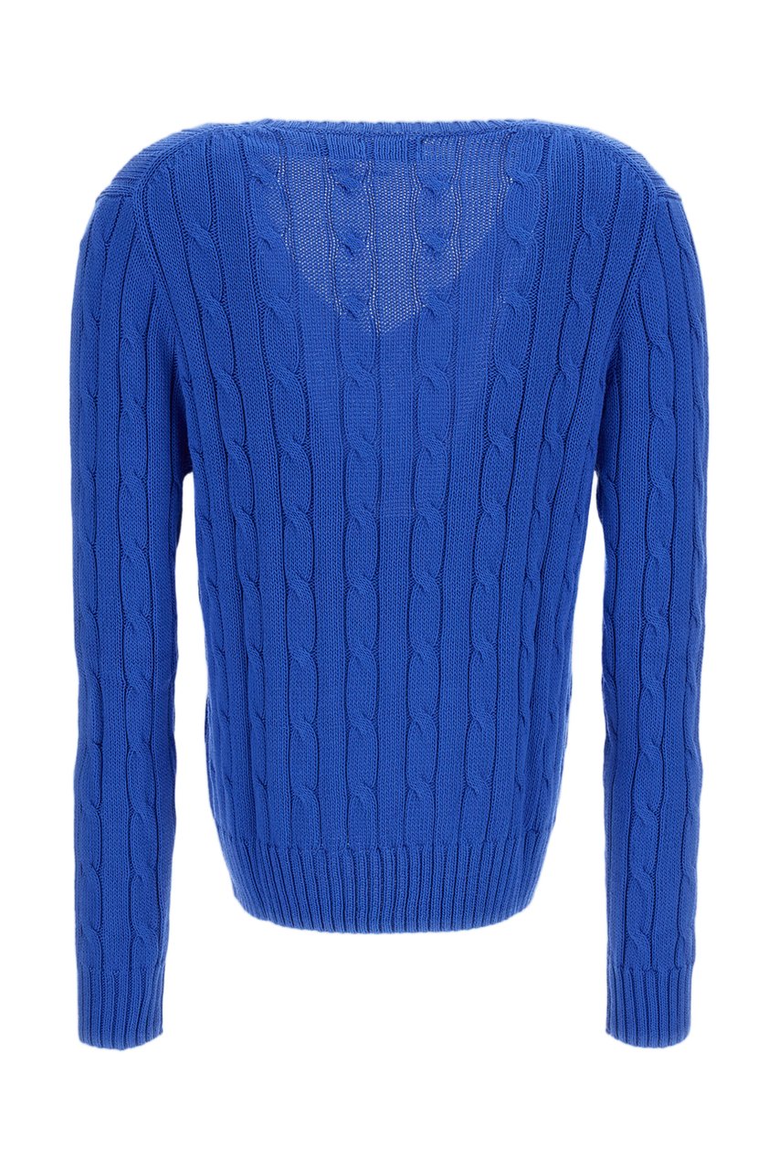 Ralph Lauren V-Neck Cable Knit Sweater with Ribbed Cuffs and Signature Embroidery Blauw