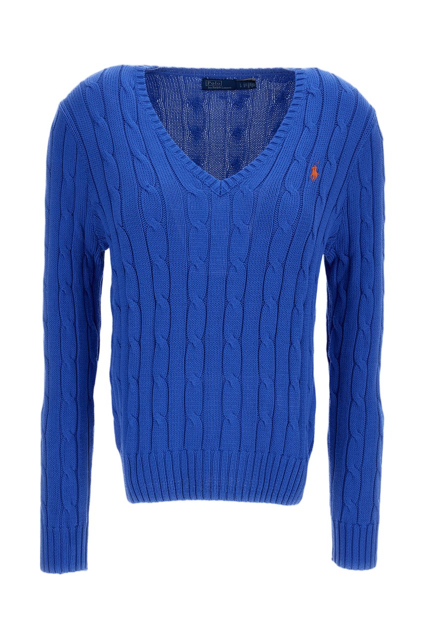 Ralph Lauren V-Neck Cable Knit Sweater with Ribbed Cuffs and Signature Embroidery Blauw