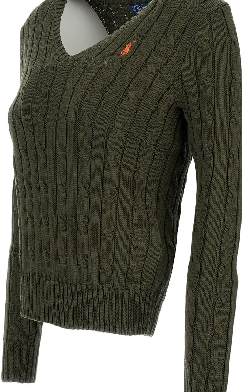 Ralph Lauren Cable-Knit V-Neck Sweater With Embroidered Logo Detail Groen