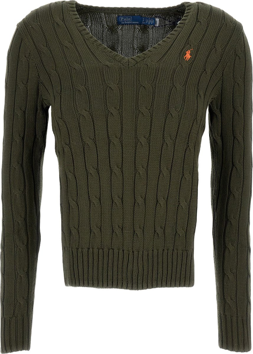 Ralph Lauren Cable-Knit V-Neck Sweater With Embroidered Logo Detail Groen