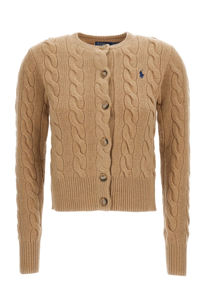 Ralph Lauren Cropped Cable Knit Cardigan in Soft Wool and Cashmere Blend Bruin