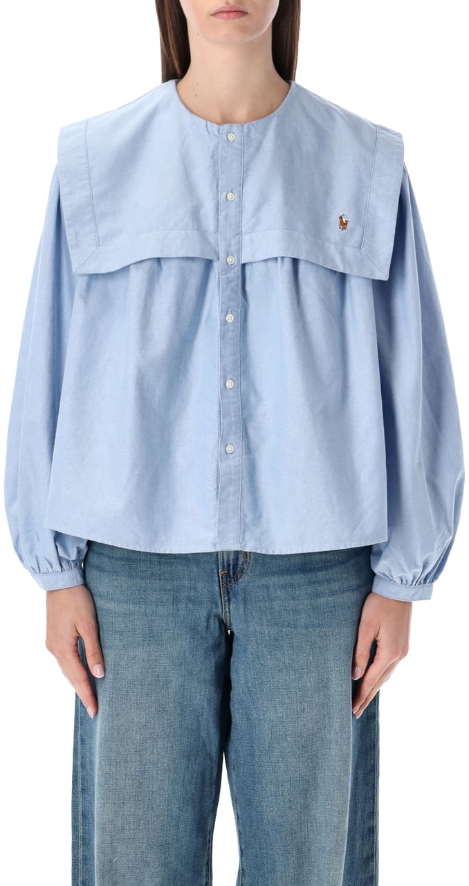 Ralph Lauren Shirt Big Collar Light Blue Stripes Blauw