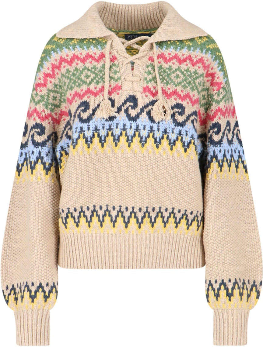 Ralph Lauren Beige Fair-Isle Lace-Up Sweater Neutraal