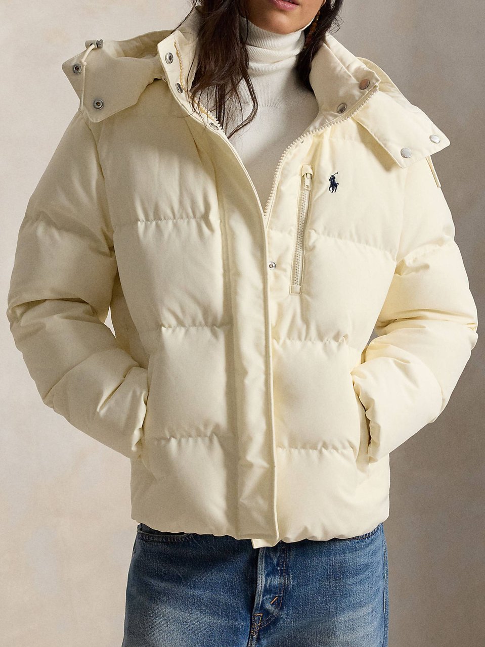 Ralph Lauren White Boxy Quilted Woven Puffer Coat Neutraal