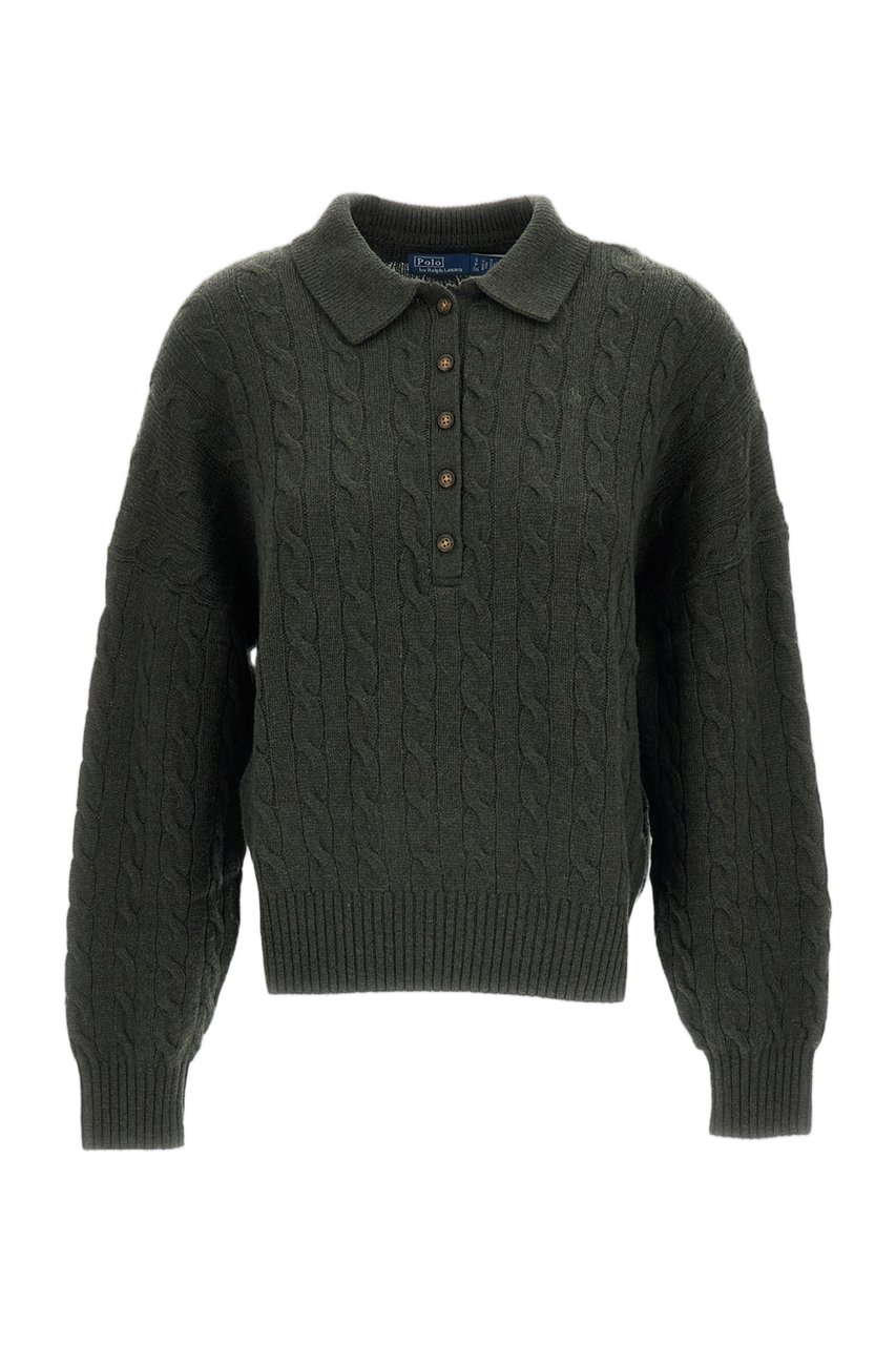Ralph Lauren Cable-Knit Cashmere Blend Sweater With Polo Collar Groen