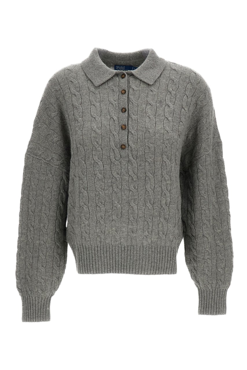 Ralph Lauren Grey Cable-Knit Cashmere-Blend Polo Sweater Grijs
