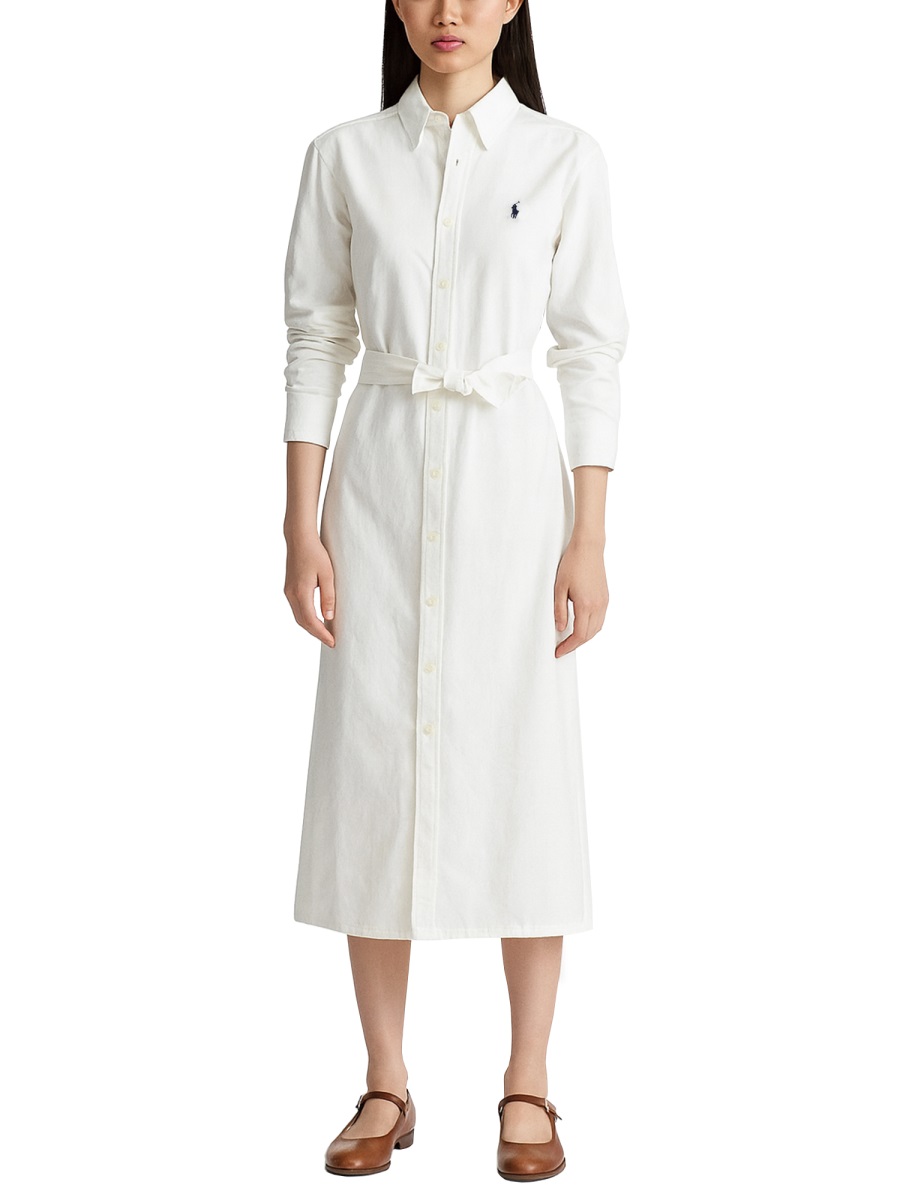 Ralph Lauren Neutrals Long Self-Tie Belt Day Dress Wit