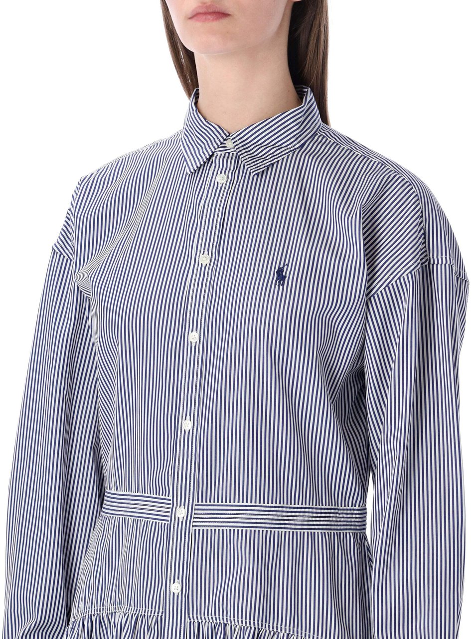 Ralph Lauren Long Sleeve Short Dress Royal Blue White Stripes Blauw