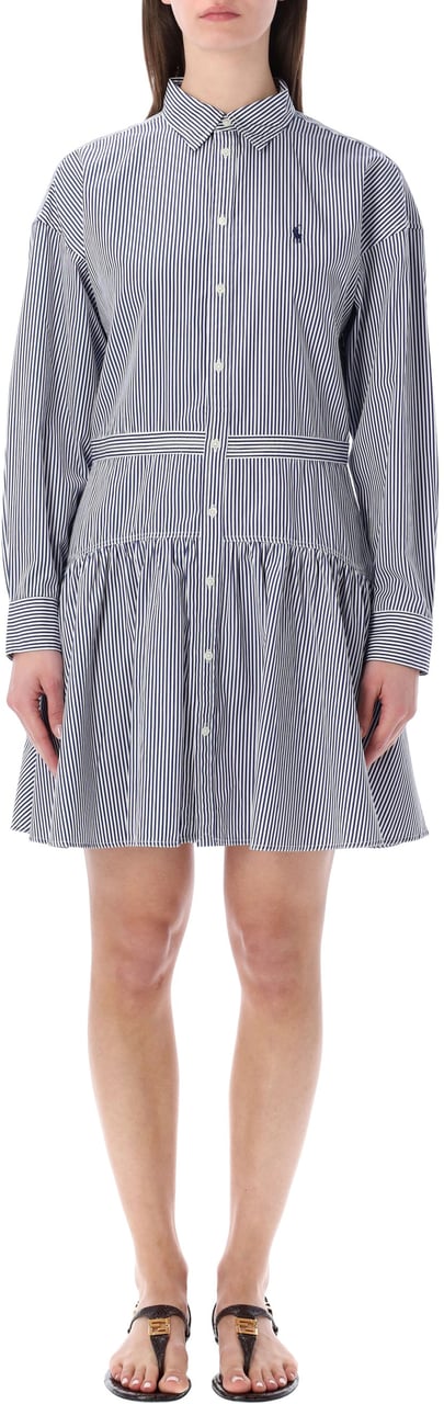 Ralph Lauren Long Sleeve Short Dress Royal Blue White Stripes Blauw
